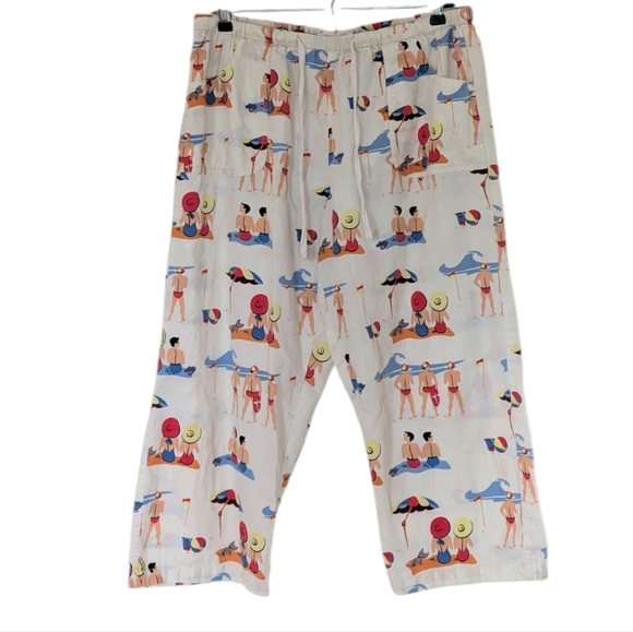 Peter Alexander Beachscapes 100% Pajama Bottom 3/4 Cream Red Blue Women's Medium - Picture 10 of 14